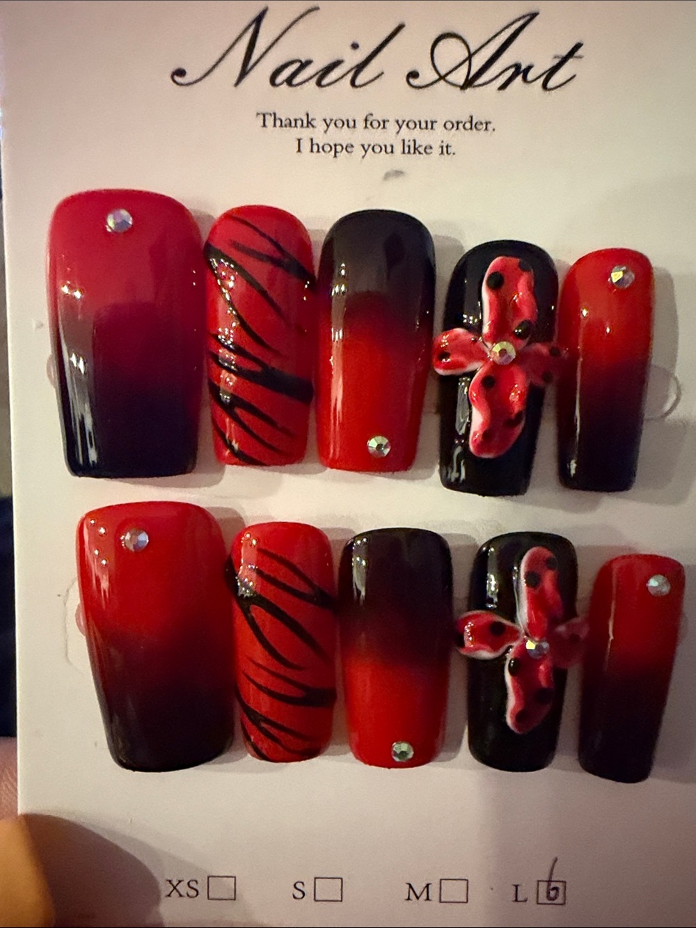 Red and Black Ombre handmade acrylic Press-On Nails with Floral Accent